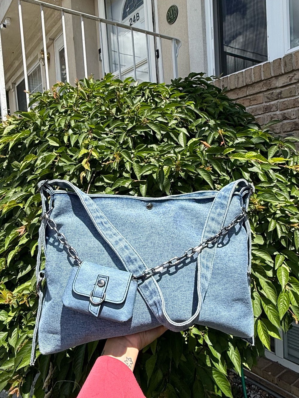 NWT Y2K Light Wash Denim Slouchy Hobo Purse Shoulder Bag w/ Chain & Coin Pouch